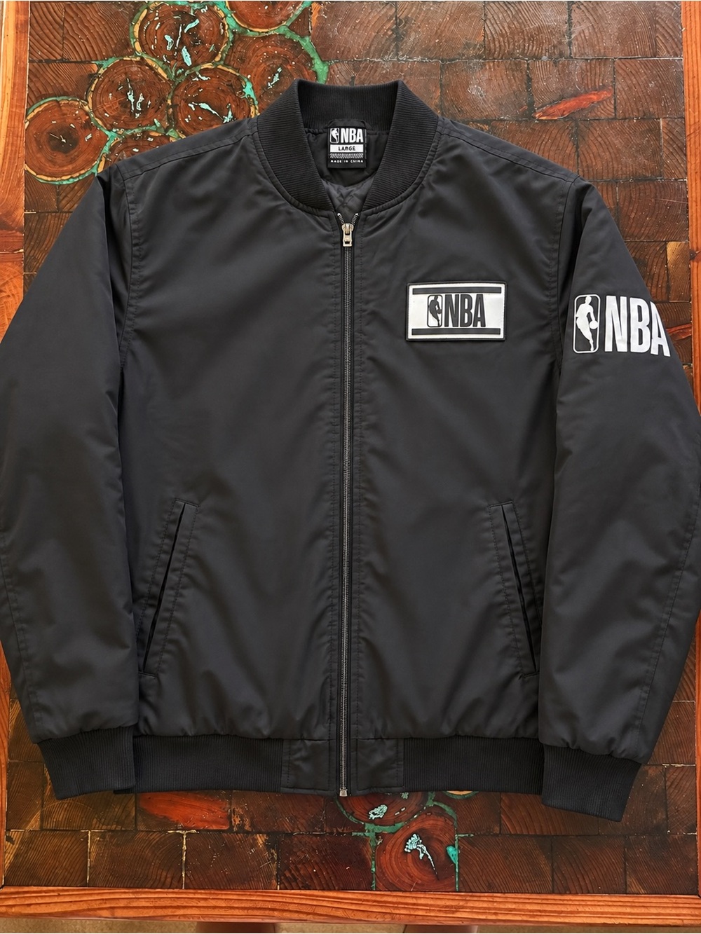NBA Official League Men’s Large Black Bomber Jacket Logo Patch Full Zip